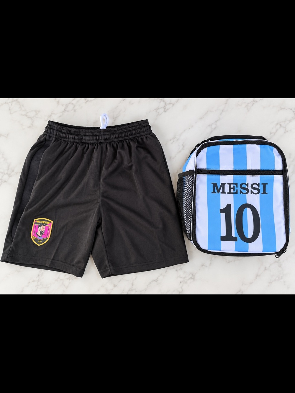 Messi Kids Black Athletic Shorts and Messi lunchbox